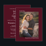 シンプルブルゴーニュBUDGET結婚の写真招待状<br><div class="desc">これらの美しい招待状シンプルはモダン、予算とミニマリストと同様にフレンドリーされ手頃る。彼らはコンテンポラリー、あなたの名前と言葉でキャプション付き正面にあなたの写真と一緒にクリーンなバーガンディ、マルーン、またはワインレッド色のデザインを特徴結婚：される予定。標準的な結婚式招待状のバージョンと情報は背面にある。背面にはオプションのWebサイトURLのスペースもあり、ゲストはすべての詳細をオンラインで取得できる。そしてお洒落、こスタイリッシュの安価な低価格の招待状は、あなたの特別な日に頼あなたの友人と家族に喜びで共有に素晴らしする方法である。</div>