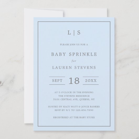 シンプルブルーアンドグレーモノグラムボーイベビー散布機 招待状 (正面)