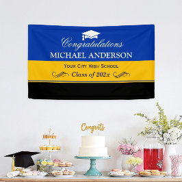 シンプルブルーイエローブラック卒業パーティー 横断幕