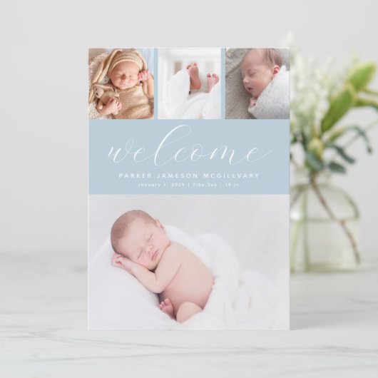 シンプルブルーウェルカムフォトコラージュ男の赤ちゃん誕生A 案内状 (スタンド正面)