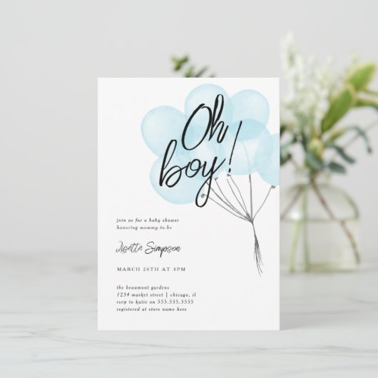 シンプルブルーウォーター色バルーンOh男の子ベビーシャワー 招待状 (スタンド正面)