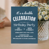 シンプルブルーエレガントダブル誕生日パーティー 招待状