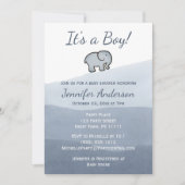 シンプルブルーエレファントウォーター色の男の子ベビシャワー 招待状 (正面)