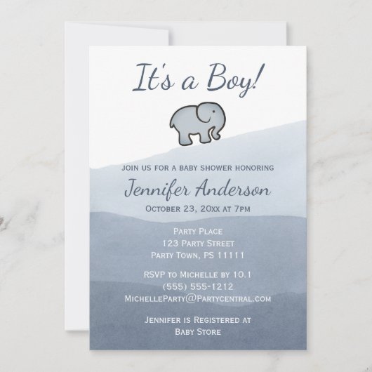シンプルブルーエレファントウォーター色の男の子ベビシャワー 招待状 (正面)