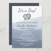 シンプルブルーエレファントウォーター色の男の子ベビシャワー 招待状 (正面/裏面)