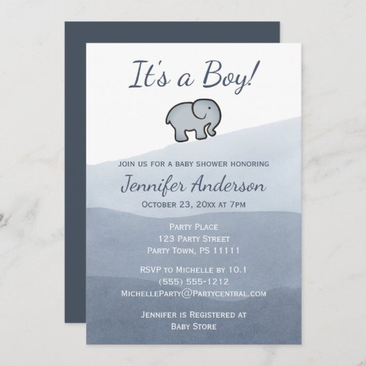 シンプルブルーエレファントウォーター色の男の子ベビシャワー 招待状 (正面/裏面)