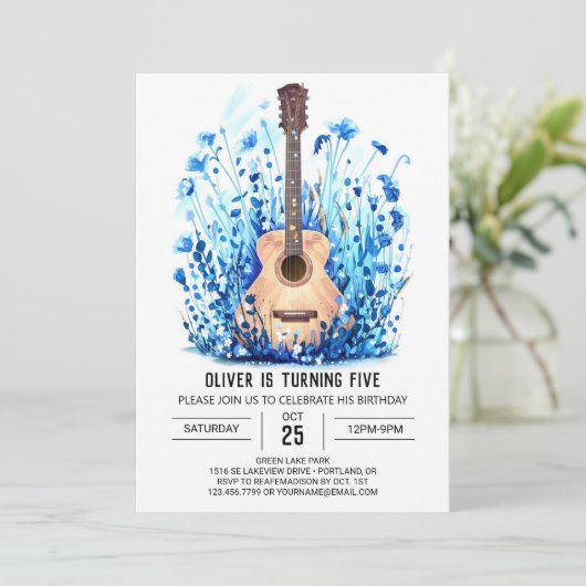 シンプルブルーギターボーイ誕生日 招待状 (スタンド正面)