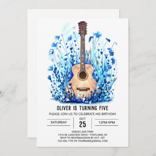 シンプルブルーギターボーイ誕生日 招待状 (正面/裏面)
