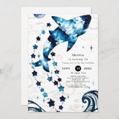 シンプルブルーチルドレンズシャーク誕生日 招待状 (正面/裏面)