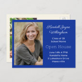 シンプルブルーツーフォト卒業オープンハウス インビテーションポストカード (正面/裏面)