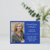 シンプルブルーツーフォト卒業オープンハウス インビテーションポストカード (スタンド正面)
