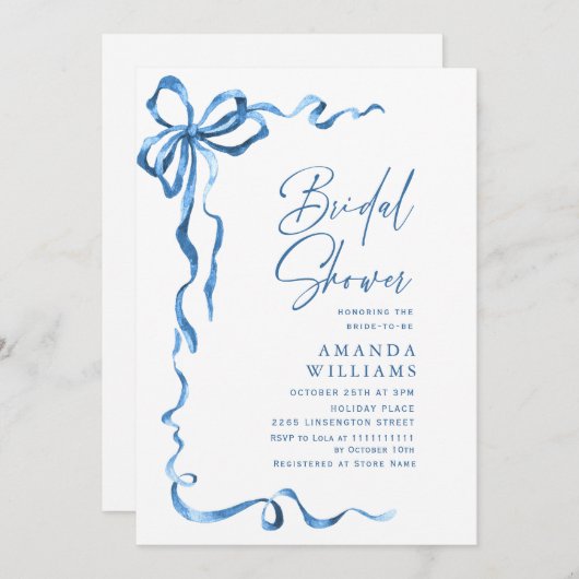 シンプルブルーハモダンンド弓ブライダルブランチ 招待状 (正面/裏面)