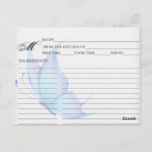 シンプルブルーバタフライレシピカード ポストカード (裏面)