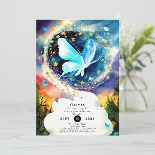 シンプルブルーバタフライ誕生日 招待状 (スタンド正面)