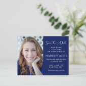 シンプルブルーフォト卒業の日付を保存 案内ポストカード (スタンド正面)