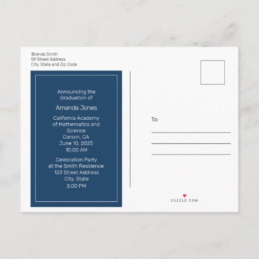 シンプルブルーフォト卒業発表はがき 案内ポストカード (裏面)