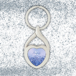 シンプルブルーブラシ仕上げ金属およびグリッターモノグラム | キーホルダー