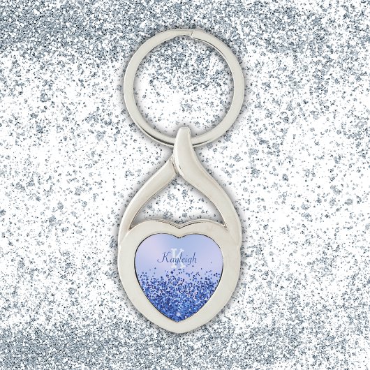 シンプルブルーブラシ仕上げ金属およびグリッターモノグラム | キーホルダー