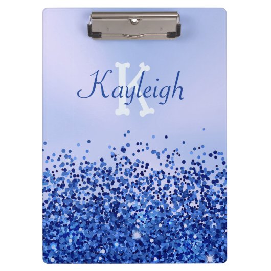 シンプルブルーブラシ仕上げ金属およびグリッターモノグラム | クリップボード (正面)