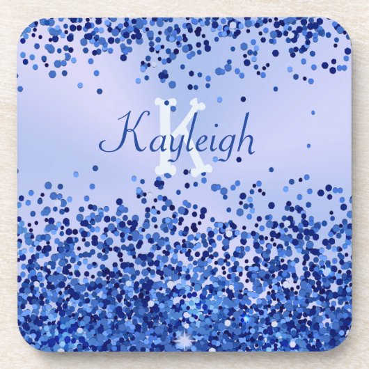 シンプルブルーブラシ仕上げ金属およびグリッターモノグラム | コースター (正面)