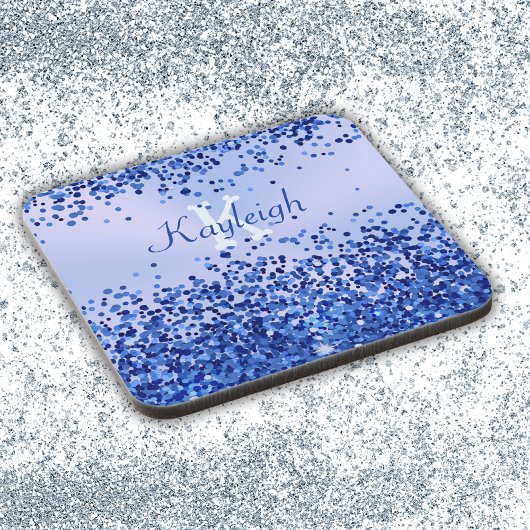 シンプルブルーブラシ仕上げ金属およびグリッターモノグラム | コースター