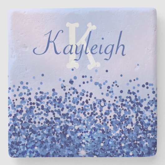 シンプルブルーブラシ仕上げ金属およびグリッターモノグラム | ストーンコースター (正面)