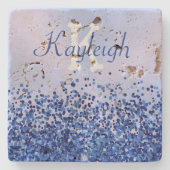 シンプルブルーブラシ仕上げ金属およびグリッターモノグラム | ストーンコースター (正面)