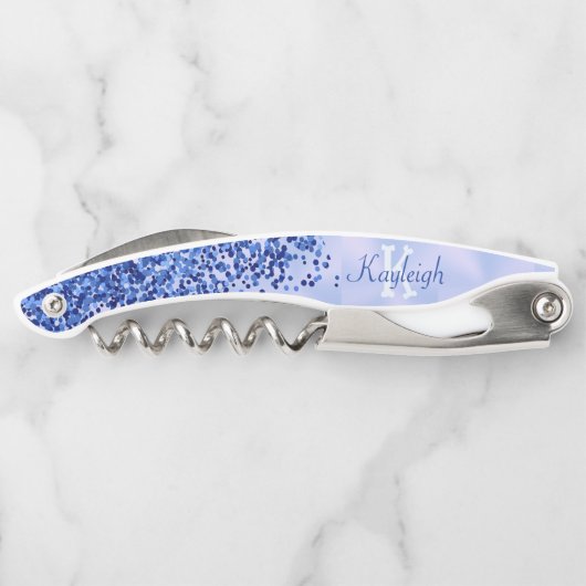 シンプルブルーブラシ仕上げ金属およびグリッターモノグラム | ソムリエナイフ (裏面)