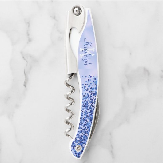 シンプルブルーブラシ仕上げ金属およびグリッターモノグラム | ソムリエナイフ (正面)