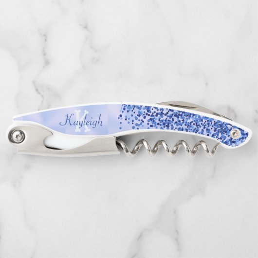 シンプルブルーブラシ仕上げ金属およびグリッターモノグラム | ソムリエナイフ (正面)