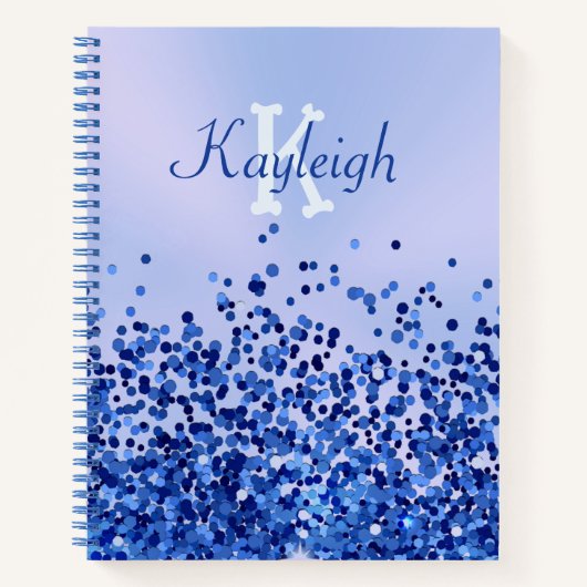 シンプルブルーブラシ仕上げ金属およびグリッターモノグラム | ノートブック (正面)