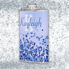 シンプルブルーブラシ仕上げ金属およびグリッターモノグラム | フラスク