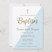 シンプルブルーホワイト金ゴールドクロスバーチャルバプテスマ 招待状 (正面)