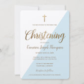 シンプルブルーホワイト金ゴールドクロス仮想《キリスト教》洗礼式や命名式 招待状 (正面)