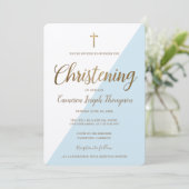 シンプルブルーホワイト金ゴールドクロス仮想《キリスト教》洗礼式や命名式 招待状 (スタンド正面)