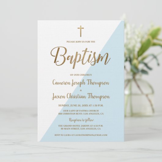シンプルブルーホワイト金ゴールドモダンバプテスマ招待状 招待状 (スタンド正面)