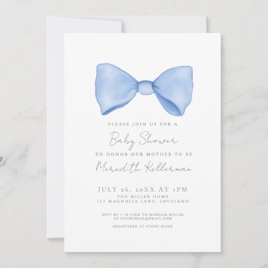シンプルブルーボウベイビーシャワー 招待状 (正面)