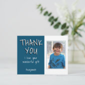 シンプルブルーボーイフォトサンキュー誕生日 ポストカード (スタンド正面)