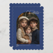 シンプルブルーメリークリスマススクリプト写真スカロップ シーズンカード (正面/裏面)