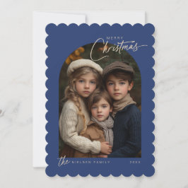 シンプルブルーメリークリスマススクリプト写真スカロップ シーズンカード