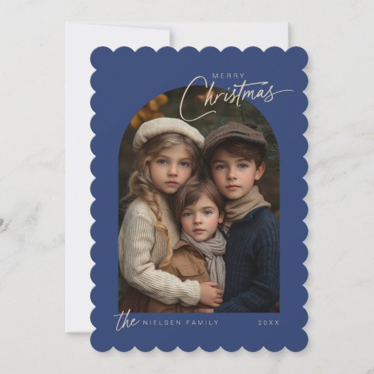 シンプルブルーメリークリスマススクリプト写真スカロップ シーズンカード (正面)