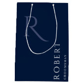 シンプルブルーモノグラムパーソナライズされたGroomsmen ミディアムペーパーバッグ (裏面)