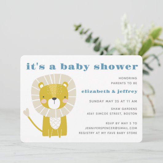 シンプルブルーライオモダンンボーイ赤ちゃんシャワー招待状 招待状 (スタンド正面)