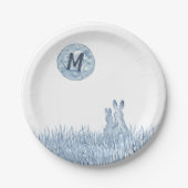 シンプルブルーラビッツ月モノグラムカスタムラヴ ペーパープレート (正面)