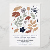 シンプルブルーレッドウッド花結婚フローラモダンズ 箔招待状 (正面)