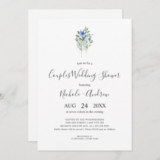 シンプルブルーワイルドフラワーカップルウェディングシャワー 招待状 (正面/裏面)