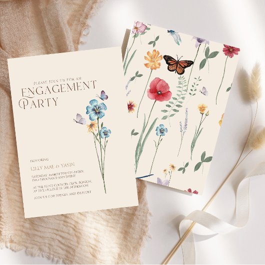 シンプルブルーワイルドフラワー結婚ズ婚約パーティ 招待状