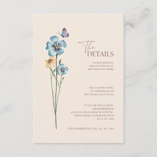 シンプルブルーワイルドフラワー結婚バタフライ詳細 エンクロージャーカード (正面)