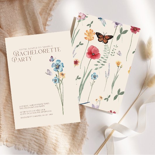 シンプルブルーワイルドフラワー蝶バチェロレッテ 招待状