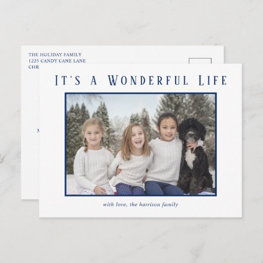 シンプルブルー写真ミニマルモダンリスクリスマス シーズンポストカード (正面/裏面)